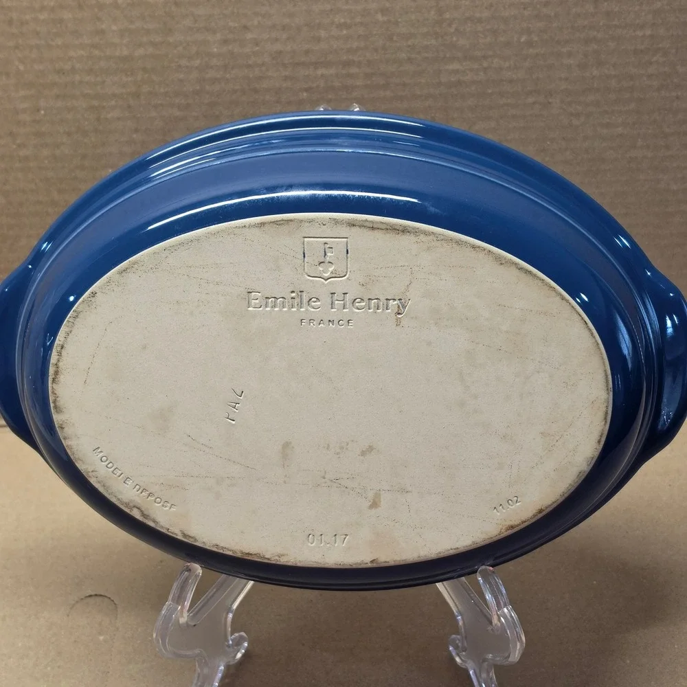 Emile Henry Oval Baker Unisex 11in Blue Excellent Ceramic Stoneware France